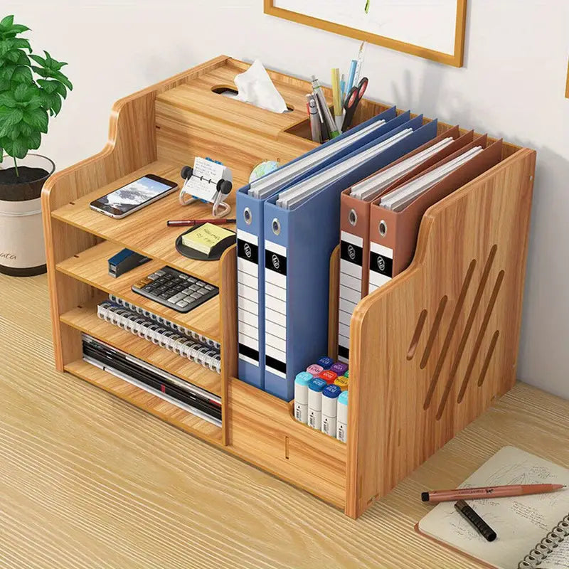 Wooden Office Document Storage Rack with Tiered Shelves - No Drawer-1