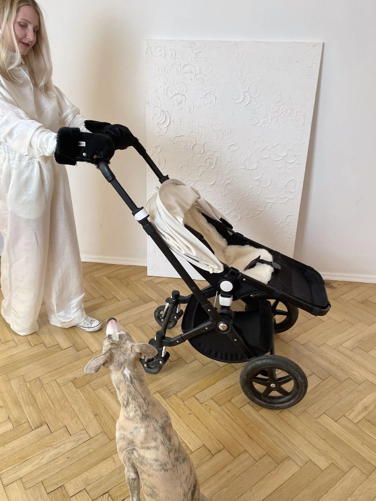 Waterproof Natural Sheepskin Stroller Hand Muffs - Black-1