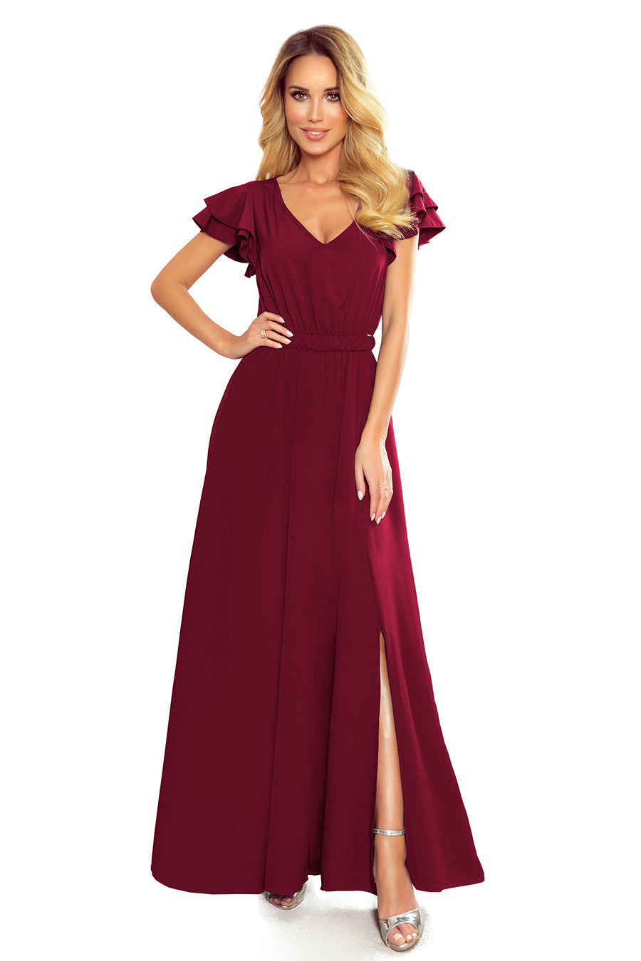 Numoco 310-5 LIDIA long dress with a neckline and frills - burgundy color-5