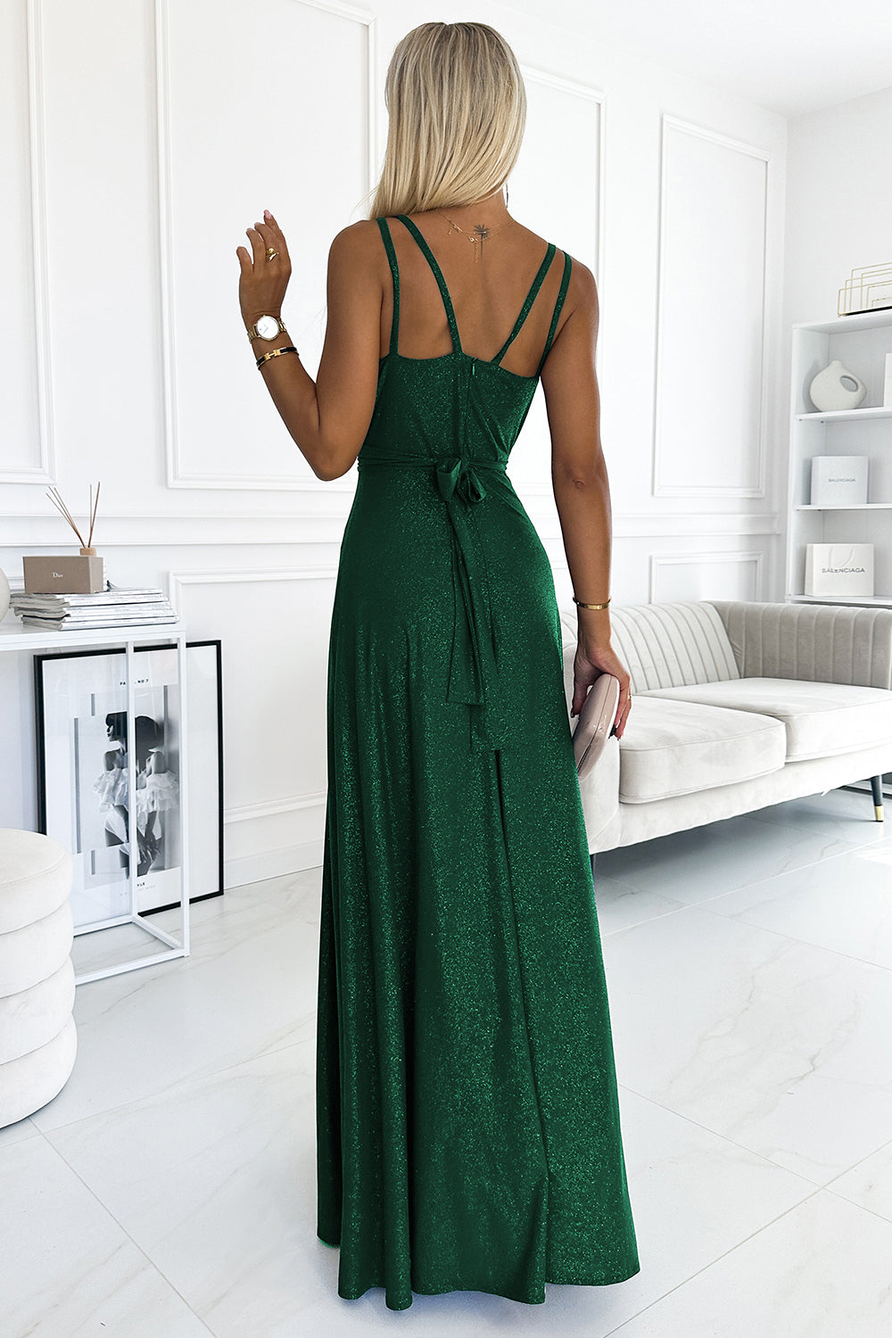 Numoco 498-2 Long dress with a neckline and double straps - green with glitter-2