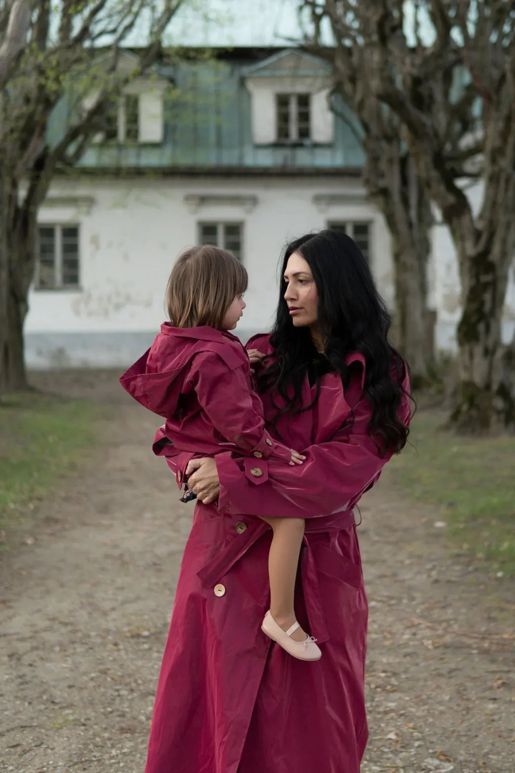 Kid's Trench Coat - Burgundy Red - Cotton-1