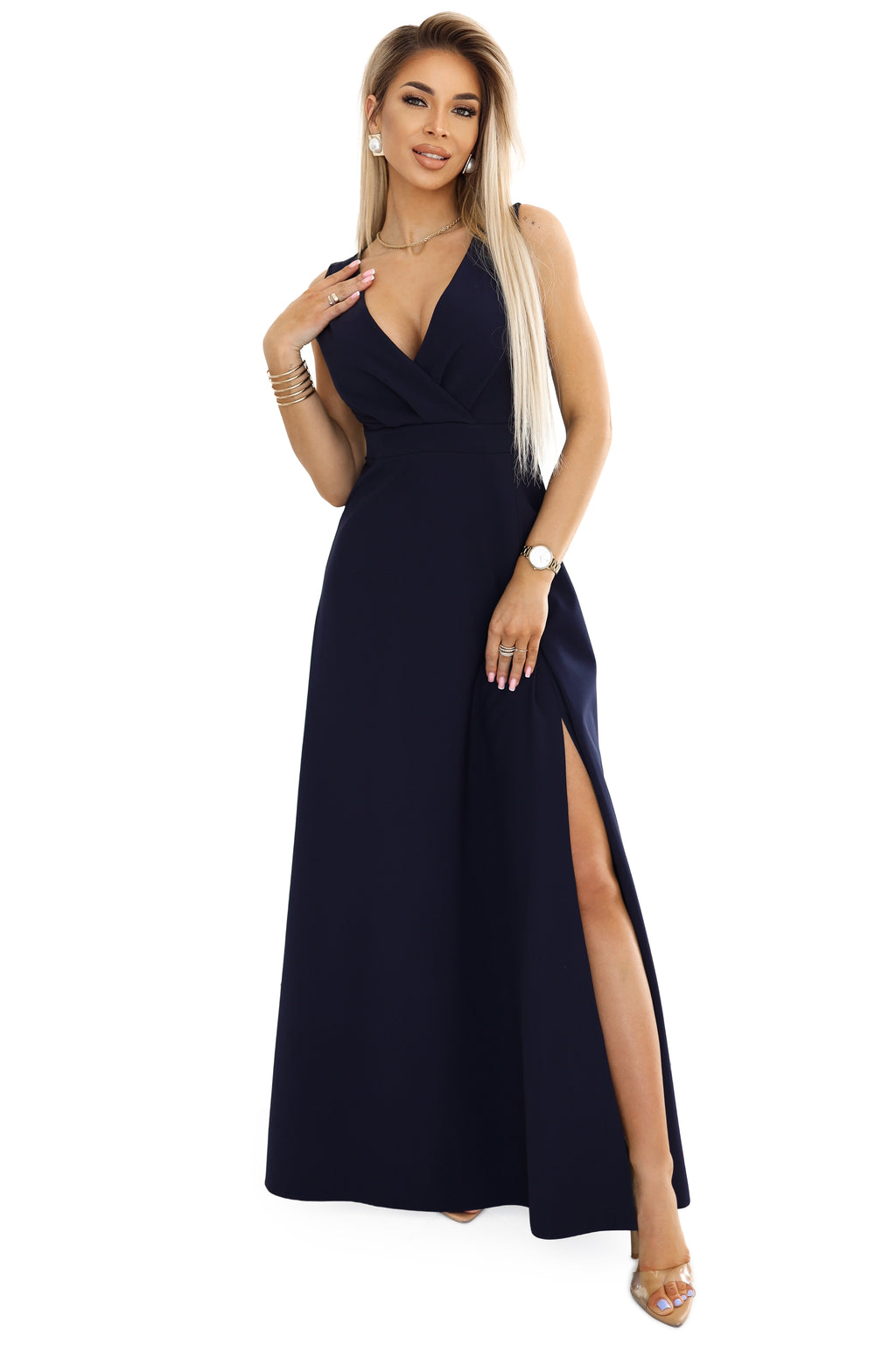Numoco 634-1 MIRA elegant maxi dress with a wrap neckline and a slit on the leg - navy blue
