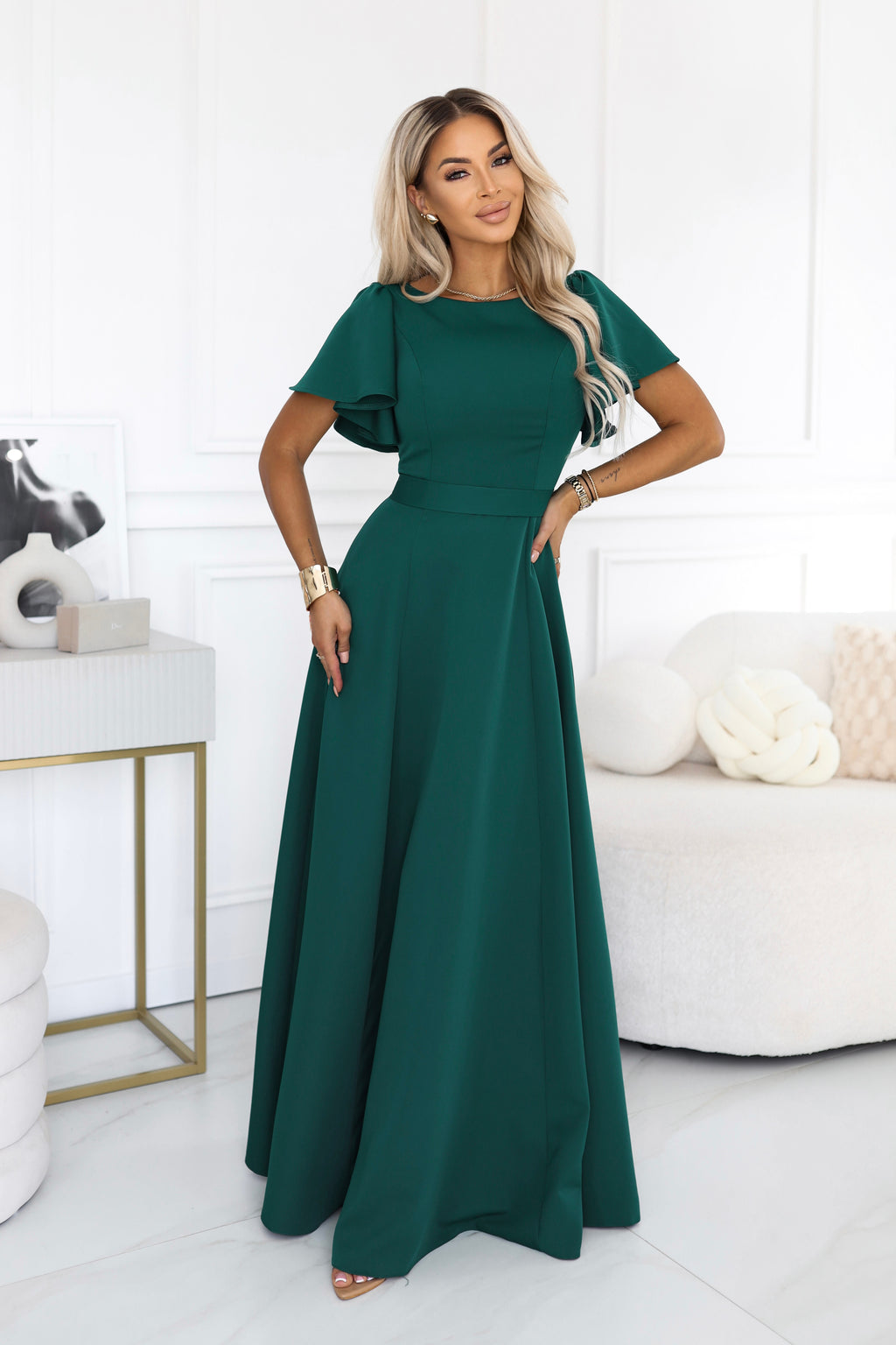 Numoco 694-5 MIRELLA Flared maxi dress with short sleeves - bottle green-8