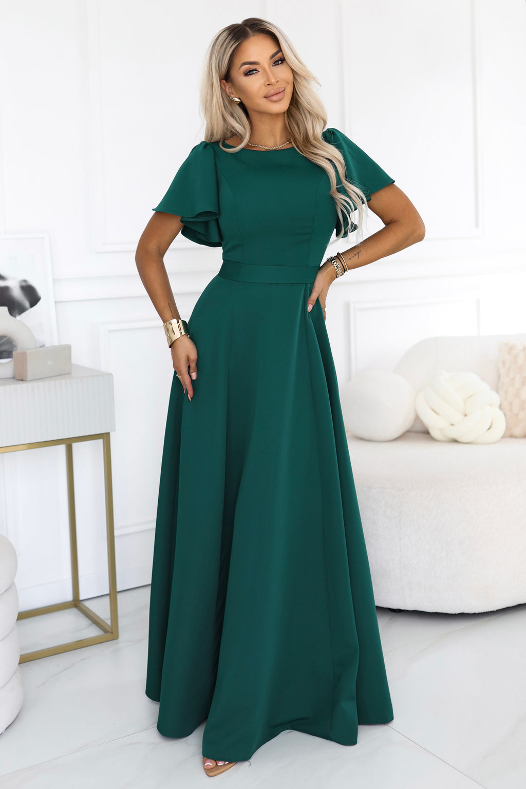 Numoco 694-5 MIRELLA Flared maxi dress with short sleeves - bottle green-1