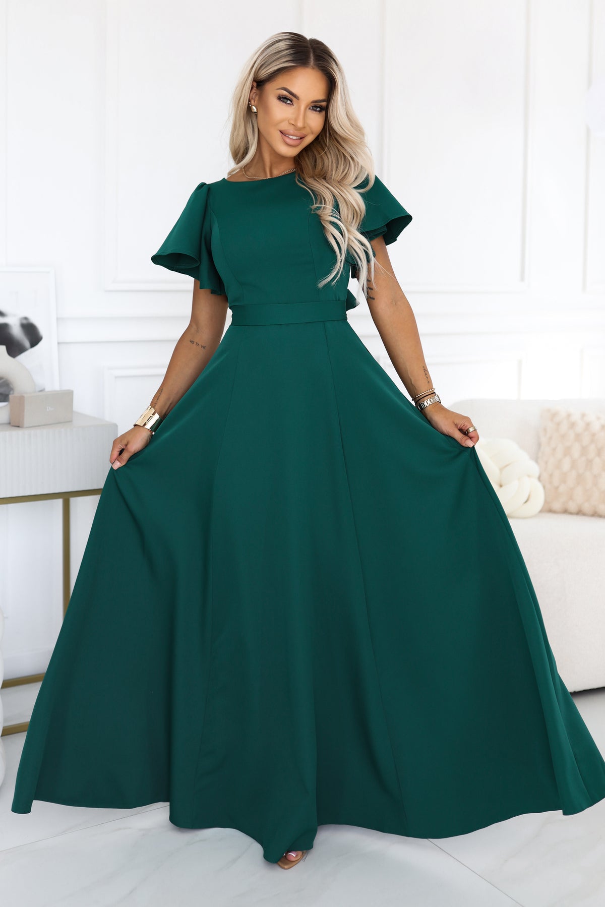 Numoco 694-5 MIRELLA Flared maxi dress with short sleeves - bottle green-4