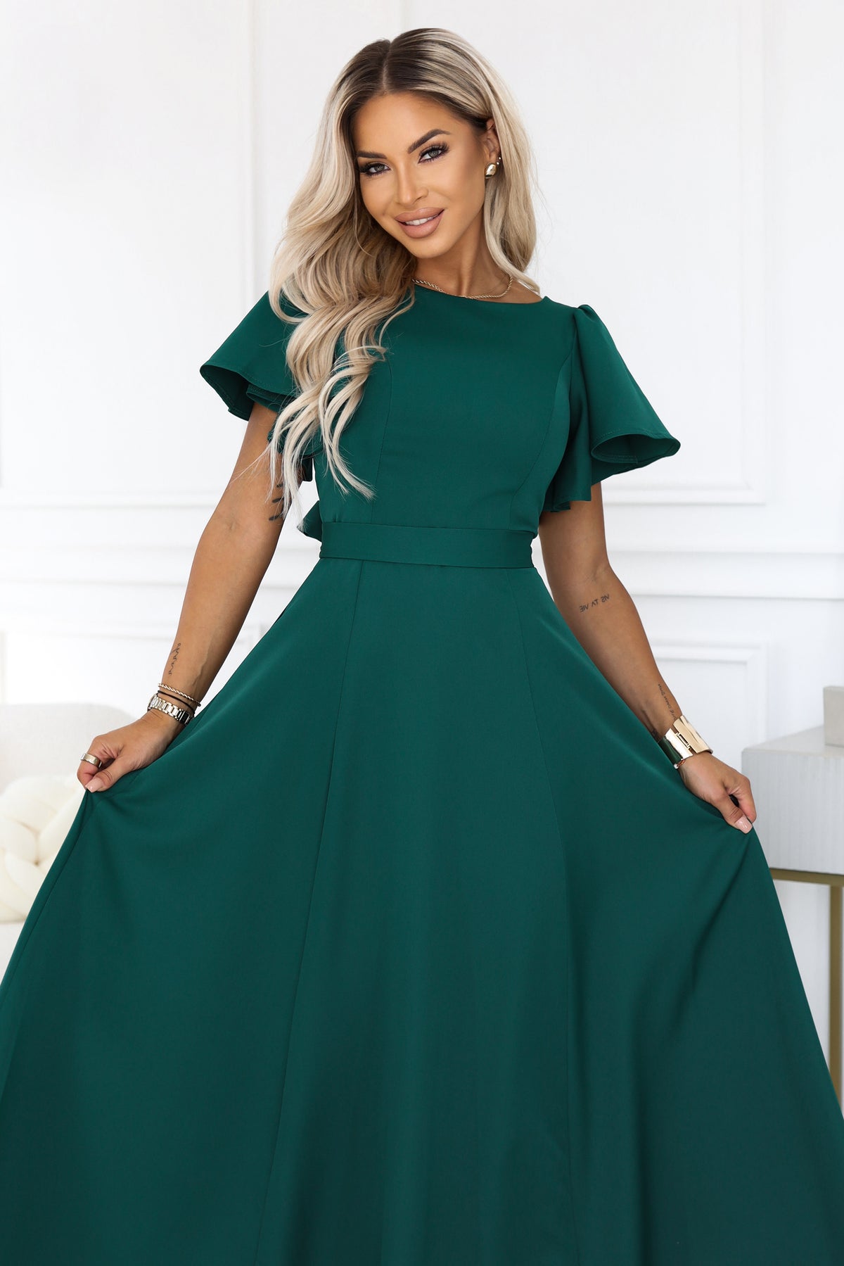Numoco 694-5 MIRELLA Flared maxi dress with short sleeves - bottle green-7