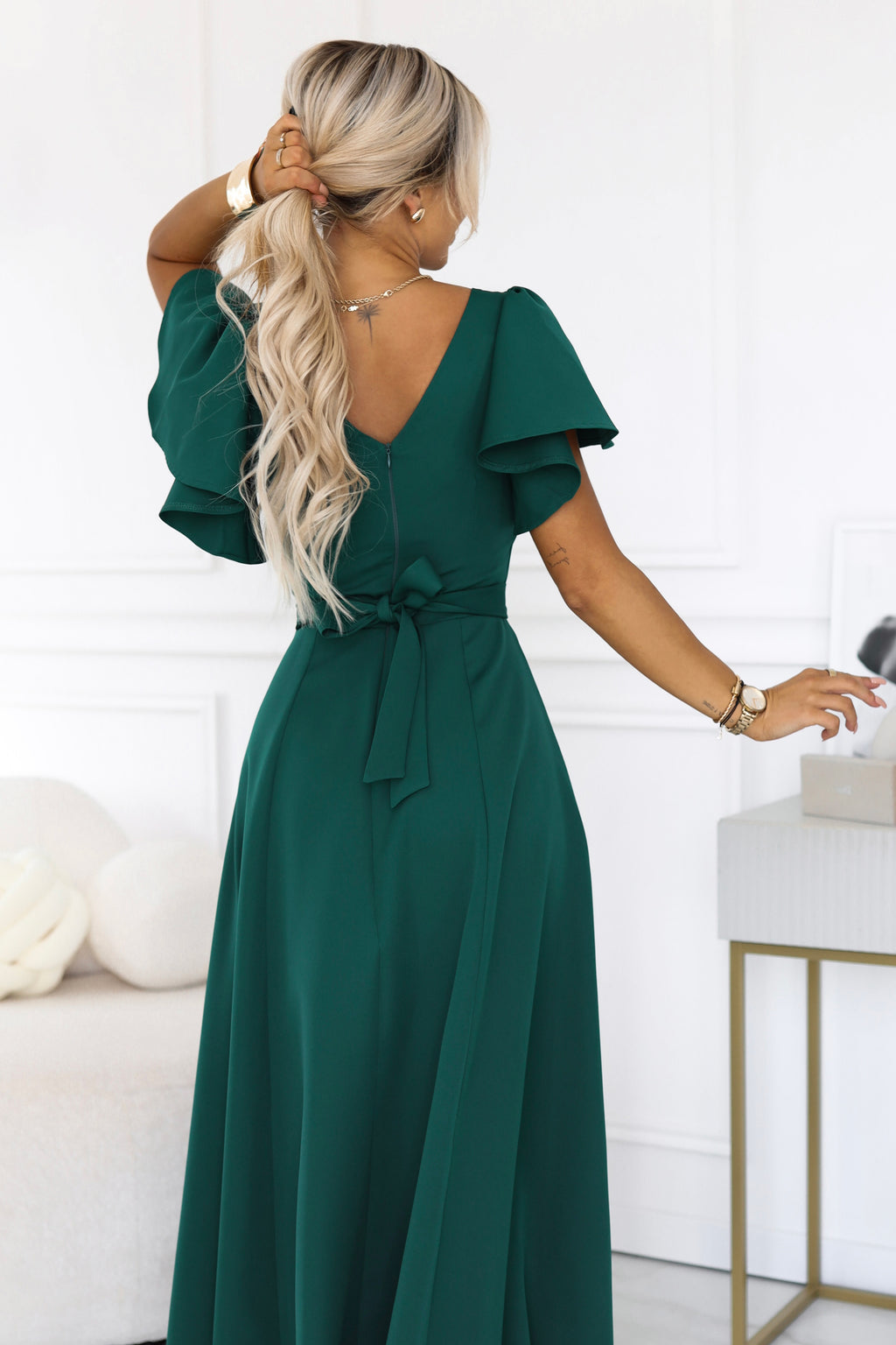 Numoco 694-5 MIRELLA Flared maxi dress with short sleeves - bottle green-5