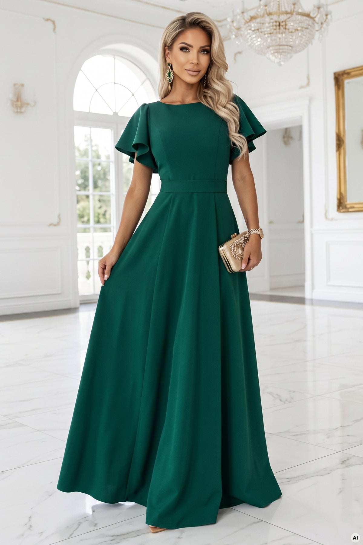 Numoco 694-5 MIRELLA Flared maxi dress with short sleeves - bottle green-0