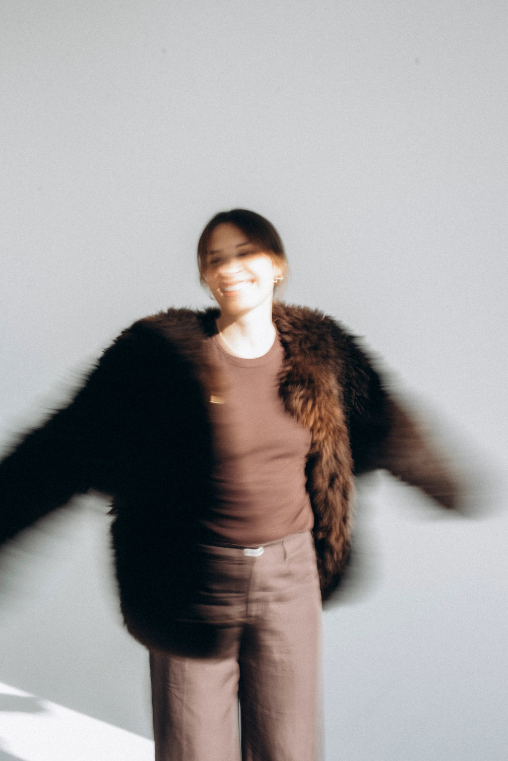 Sheepskin Fur / Coat with Burgundy Silk Lining - Brown-3