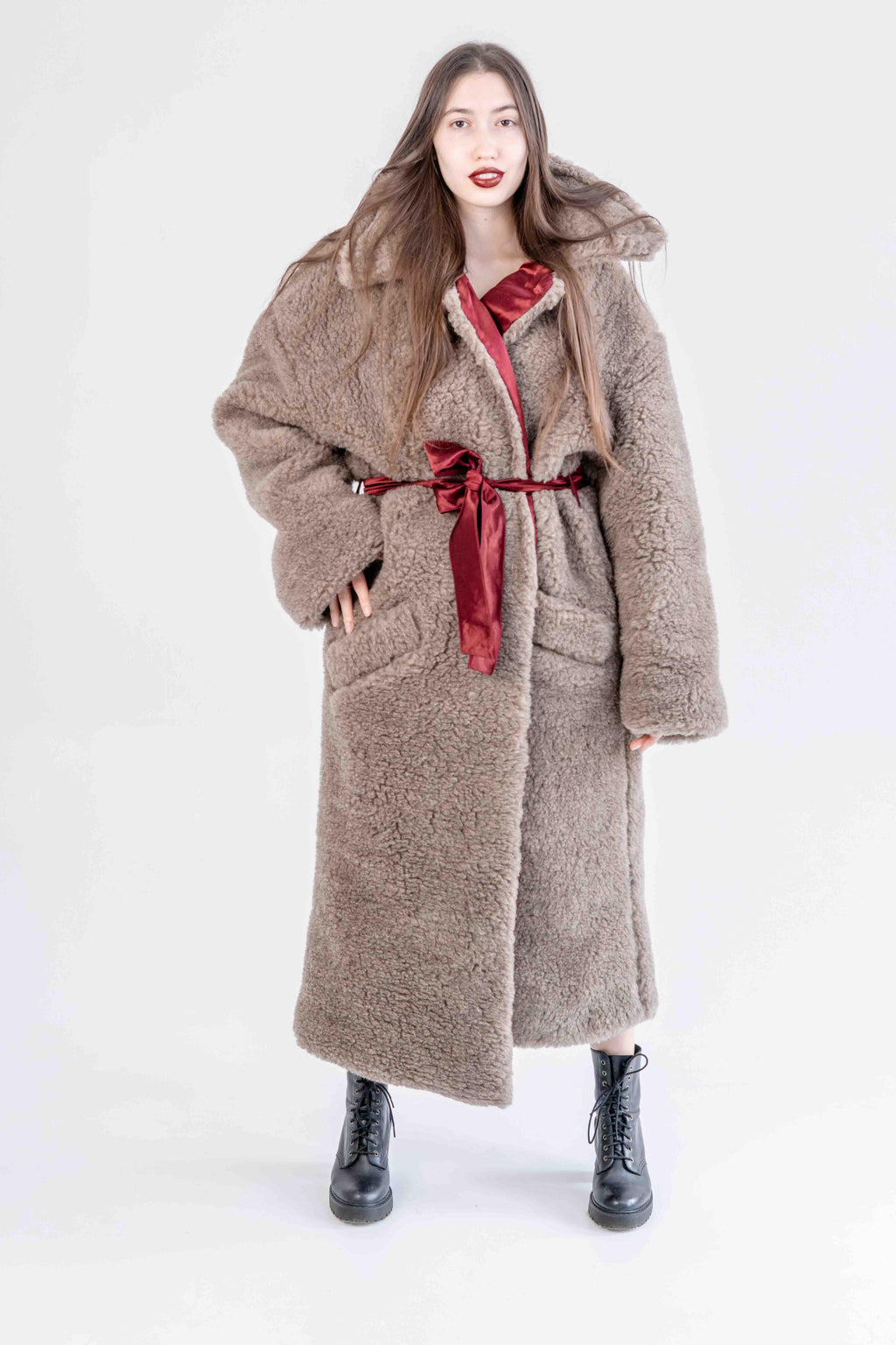 Oversized Woolen Coat with Maroon Silk Lining - Beige-1