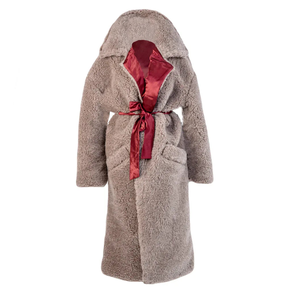 Oversized Woolen Coat with Maroon Silk Lining - Beige-0