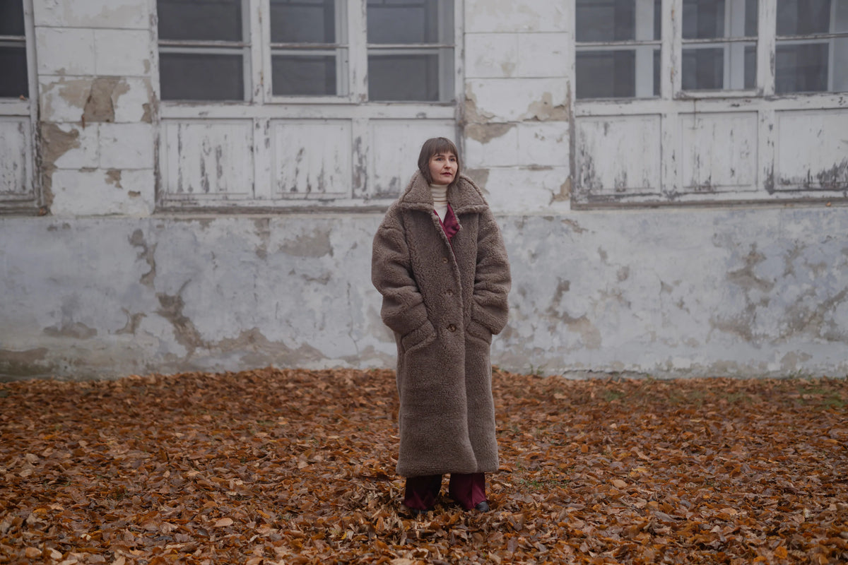 Oversized Woolen Coat with Maroon Silk Lining - Beige-2