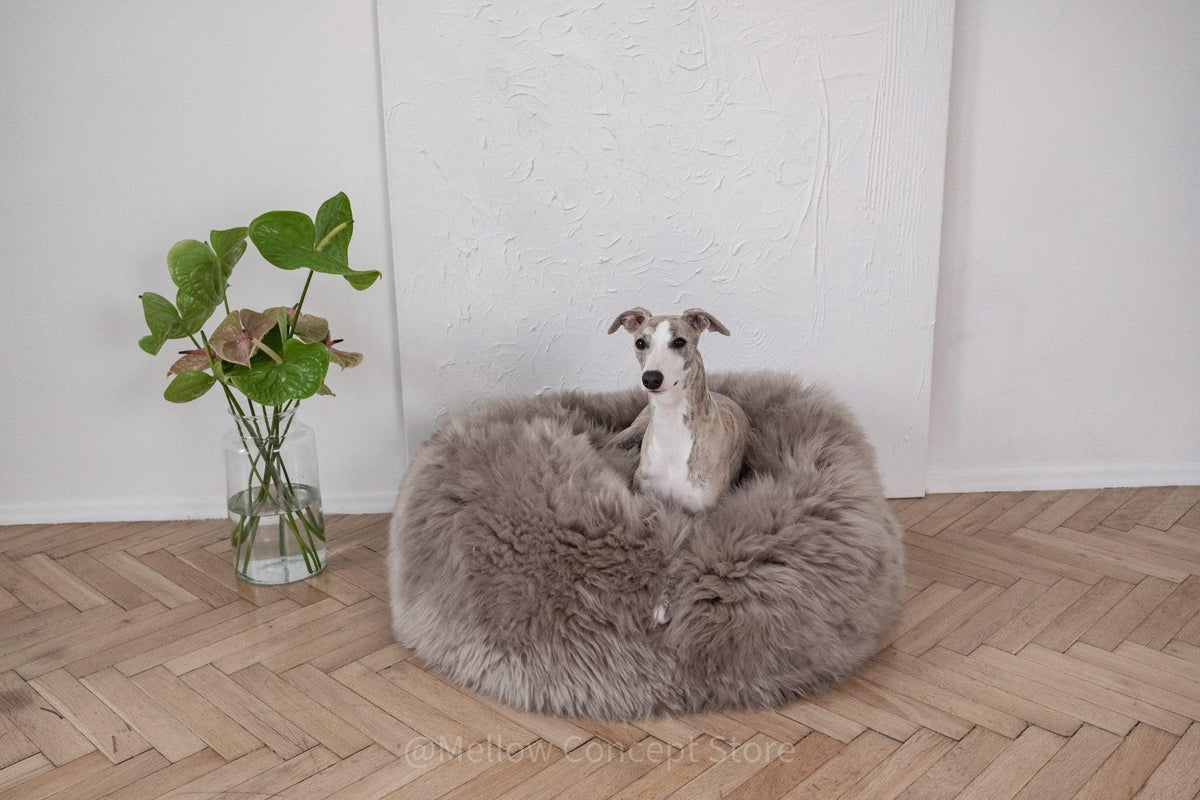Oval Natural Sheepskin Pet Bed - Greige-1
