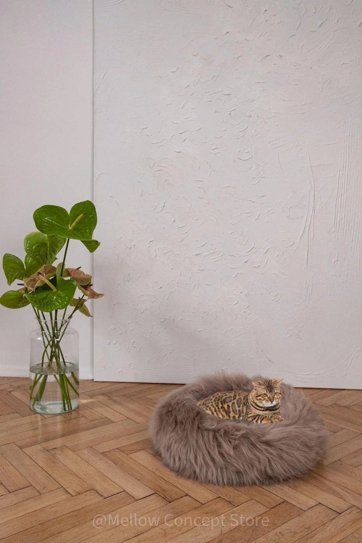 Round Natural Sheepskin Pet Bed - Greige-0