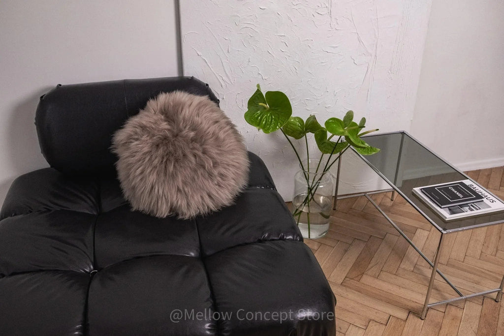 Round Natural Sheepskin Pillow - Greige-2