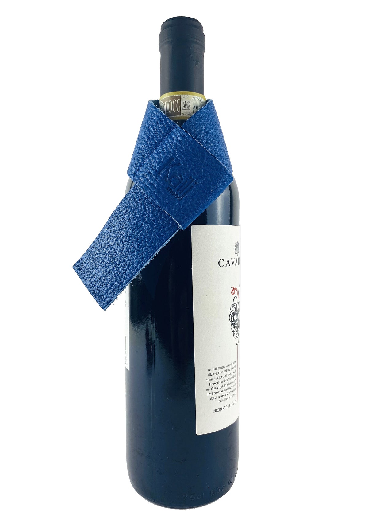 K0010DB | Bottle saver Made in Italy from genuine full grain leather, dollar grain - Blue color. Dimensions: 27 x 4 x 0.5 cm.  Packaging: rigid bottom/cover Gift Box-0