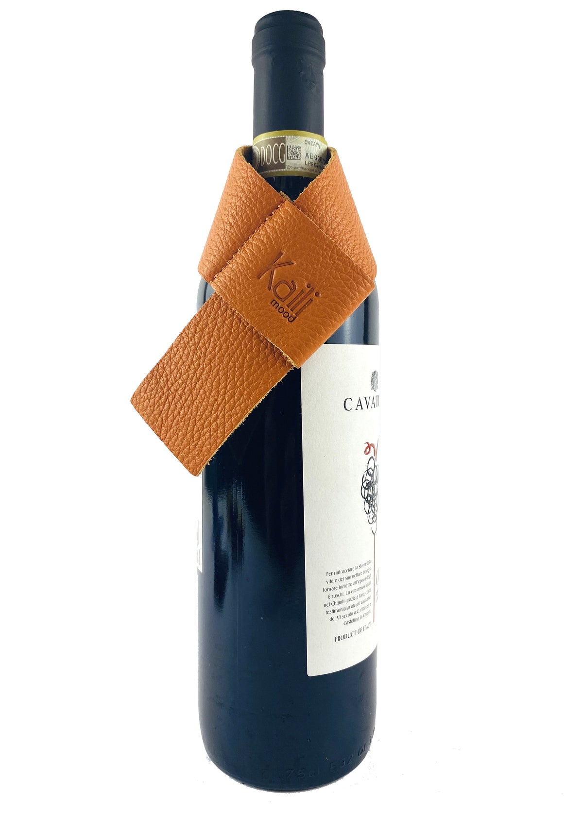 K0010LB | Bottle saver Made in Italy from genuine full-grain leather, dollar grain - Color Orange. Dimensions: 27 x 4 x 0.5 cm.  Packaging: hard bottom/cover Gift Box-0