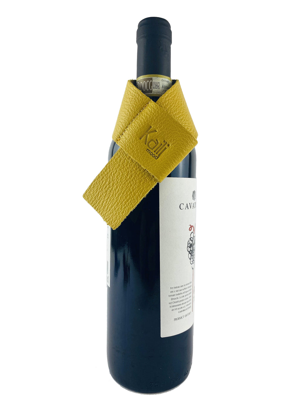 K0010RB | Bottle saver Made in Italy from genuine full grain leather, dollar grain - Yellow color. Dimensions: 27 x 4 x 0.5 cm.  Packaging: rigid bottom/cover Gift Box-0