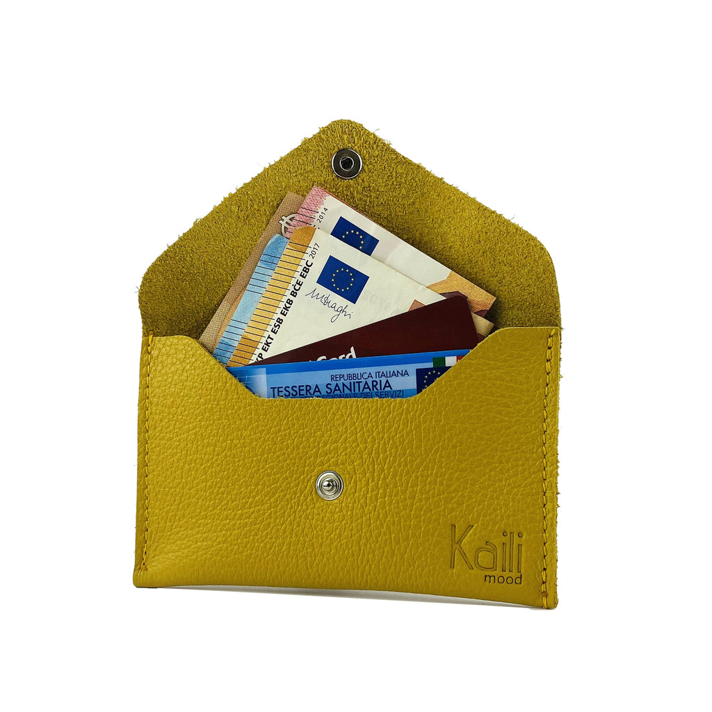 K0040RB | Made in Italy flap pouch in genuine full-grain leather, dollar grain - Yellow color - Size: 13 x 8 x 0.5 cm - Package: Hard bottom/cover Gift Box-0