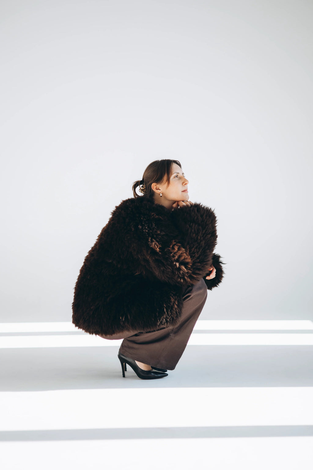 Sheepskin Fur / Coat with Burgundy Silk Lining - Brown-0