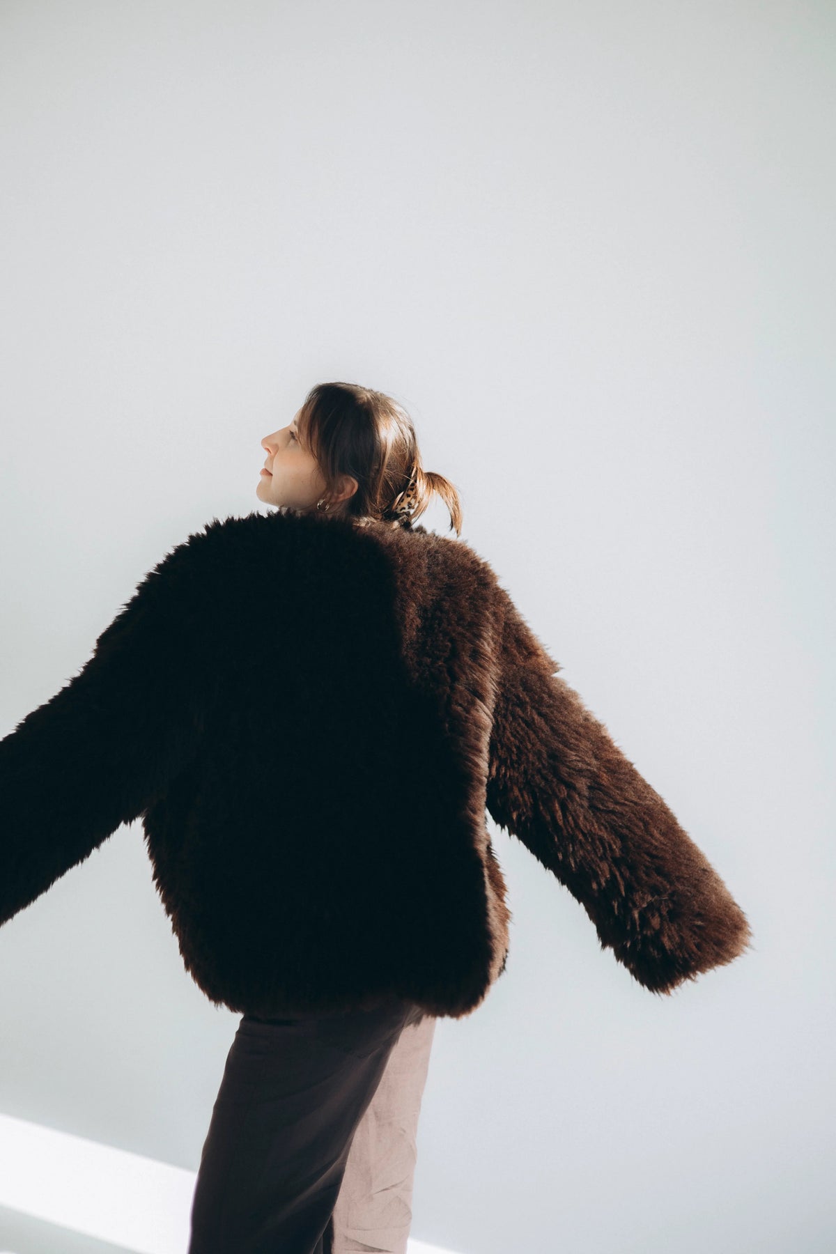 Sheepskin Fur / Coat with Burgundy Silk Lining - Brown-1