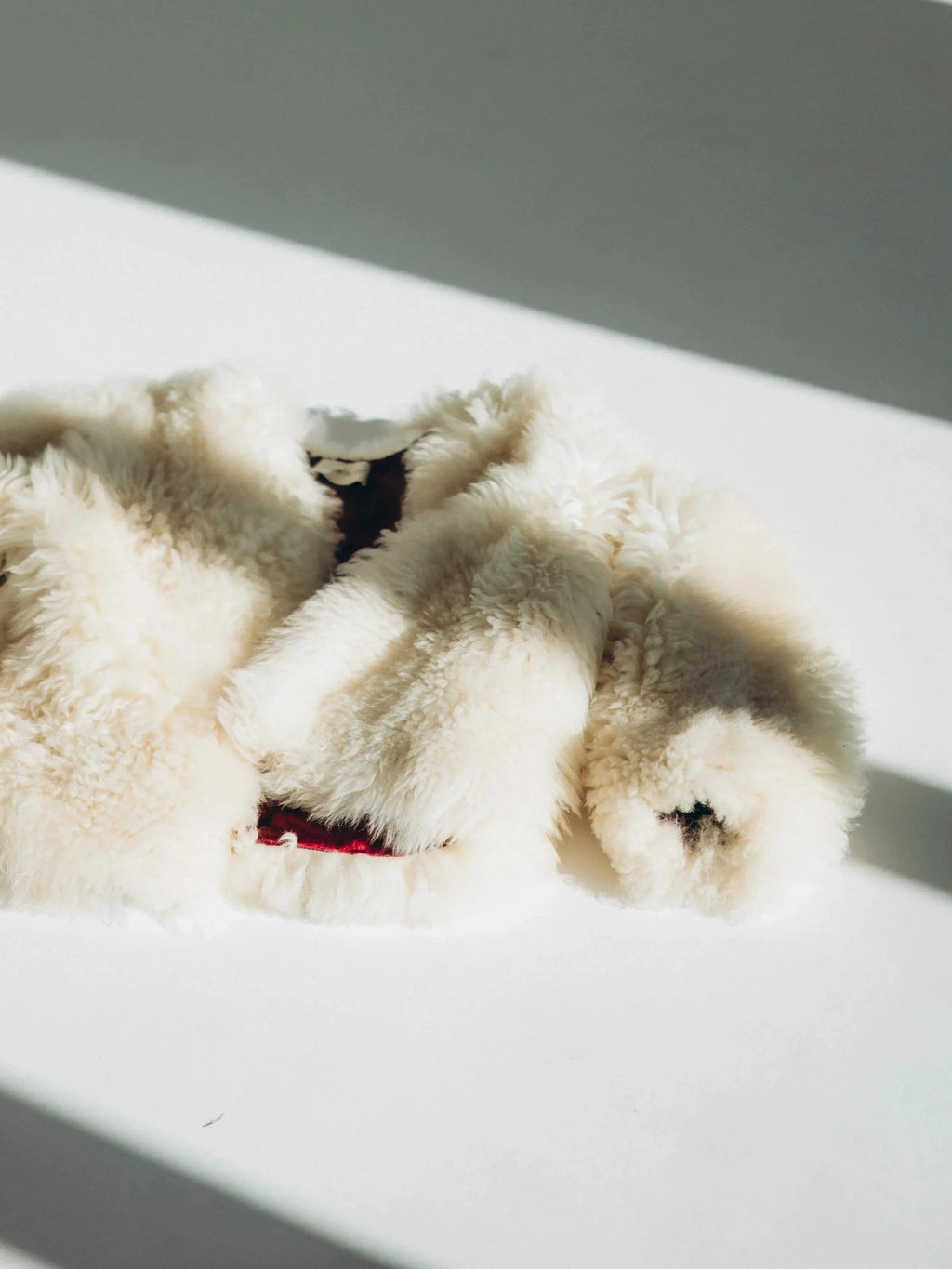 Sheepskin Fur / Coat with Burgundy Silk Lining - White-4