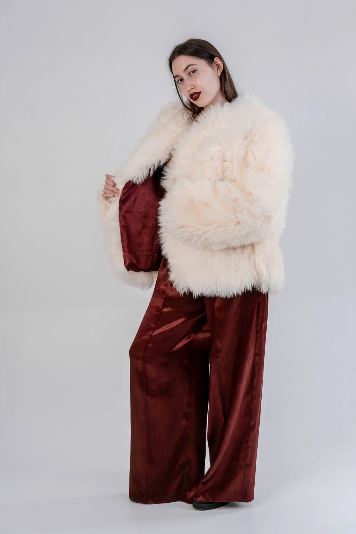 Sheepskin Fur / Coat with Burgundy Silk Lining - White-1