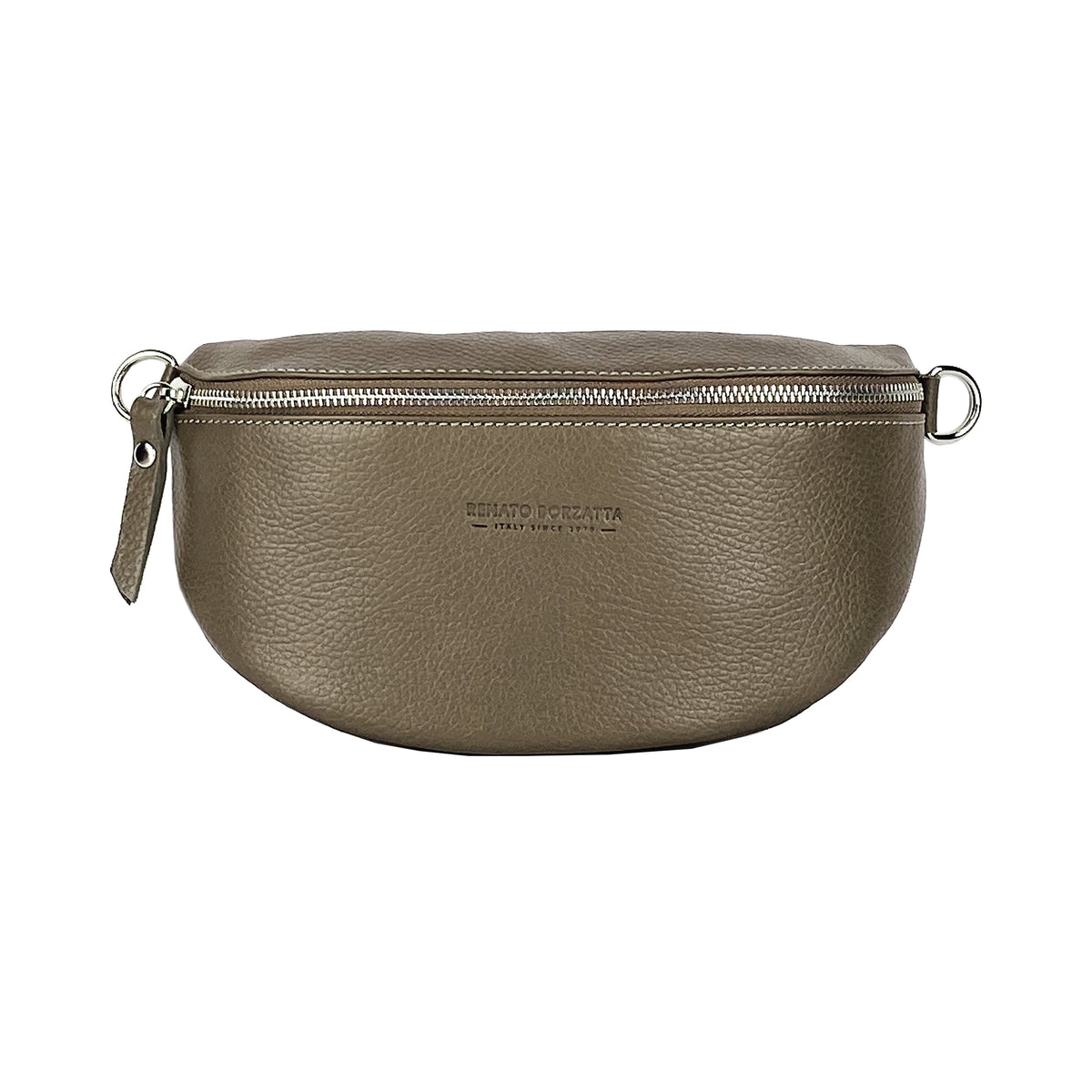 RB1015AQ | Fanny pack with removable shoulder strap in Genuine Leather Made in Italy. Polished Nickel metal snap hook attachments - Taupe color - Dimensions: 24 x 14 x 7-1