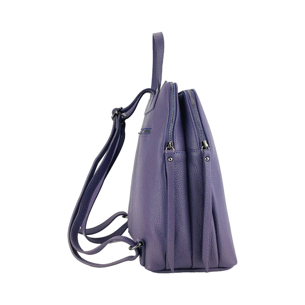 RB1018Y | Women's Double Compartment Backpack in Genuine Leather Made in Italy with adjustable shoulder straps. Gunmetal metal hardware - Color Purple - Dimensions: cm 26 x 30 x 14.5-3