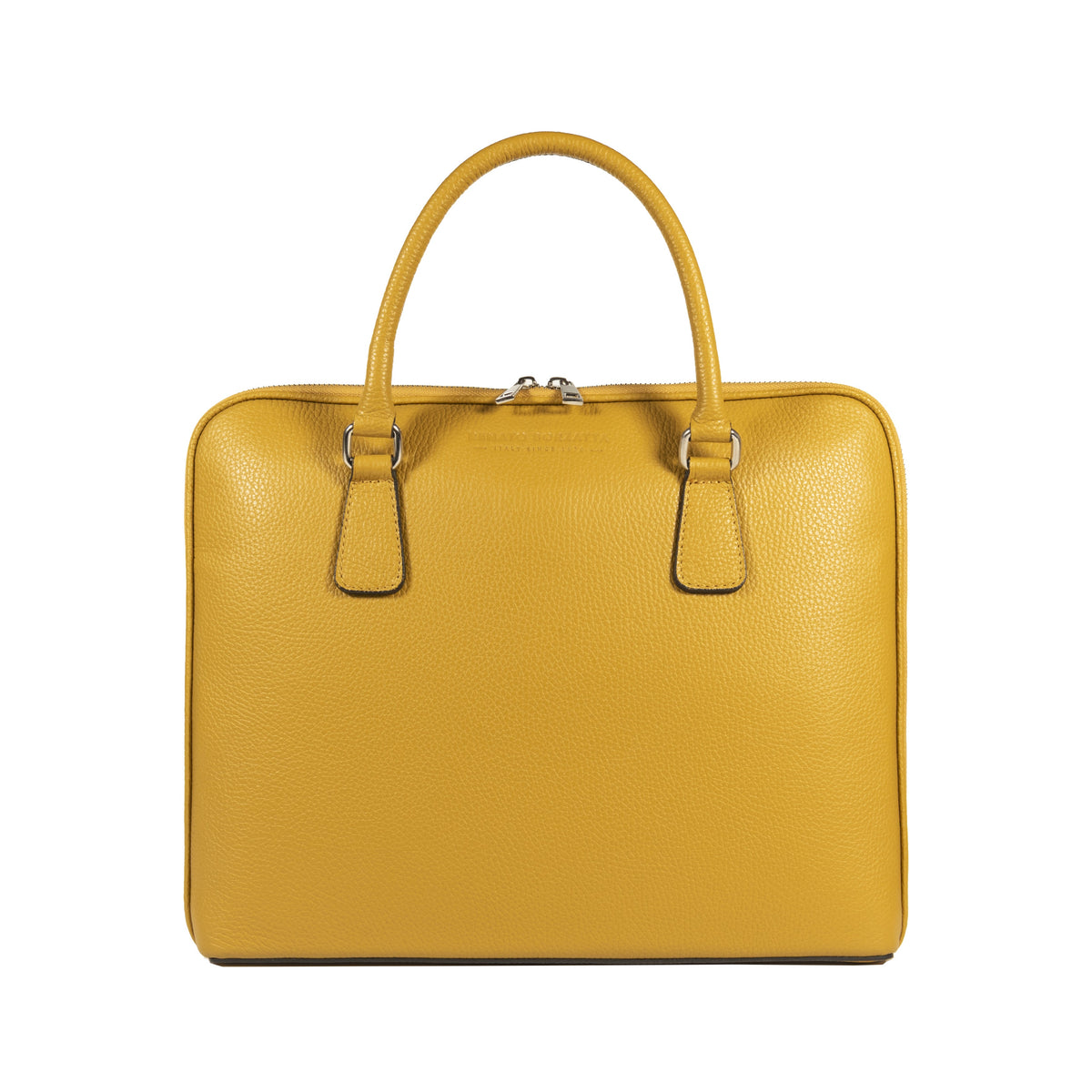 RB1019AR | Made in Italy Genuine Leather Unisex Business Briefcase with removable shoulder strap. Shiny Nickel metal snap hook attachments - Mustard color - Dimensions: cm 37 x 29 x 6.5-1