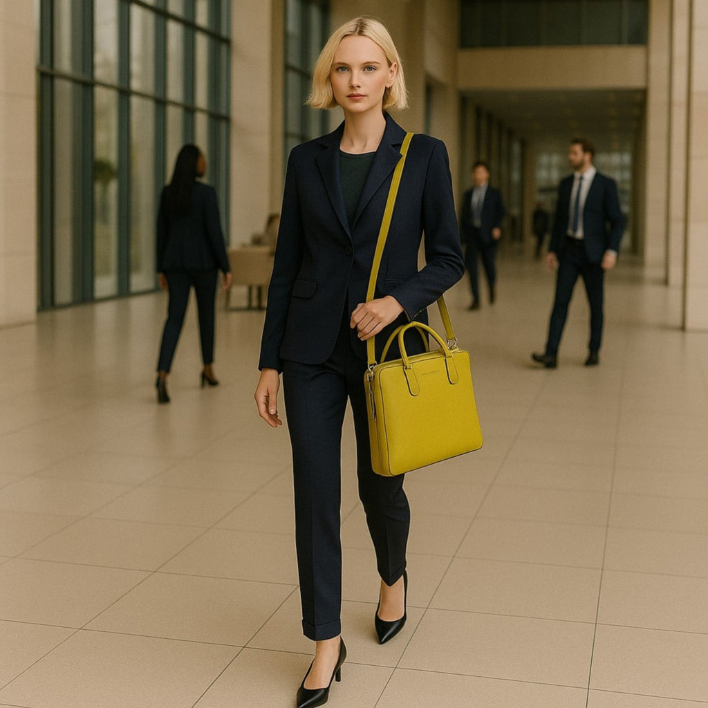 RB1019AR | Made in Italy Genuine Leather Unisex Business Briefcase with removable shoulder strap. Shiny Nickel metal snap hook attachments - Mustard color - Dimensions: cm 37 x 29 x 6.5-4