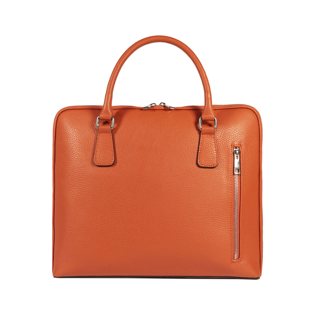 RB1019L | Made in Italy Genuine Leather Unisex Business Briefcase with removable shoulder strap. Polished Nickel metal snap hook attachments - Orange color - Dimensions: 37 x 29 x 6.5 cm.-2