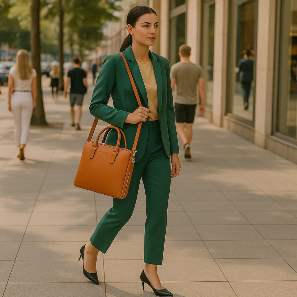 RB1019L | Made in Italy Genuine Leather Unisex Business Briefcase with removable shoulder strap. Polished Nickel metal snap hook attachments - Orange color - Dimensions: 37 x 29 x 6.5 cm.-4