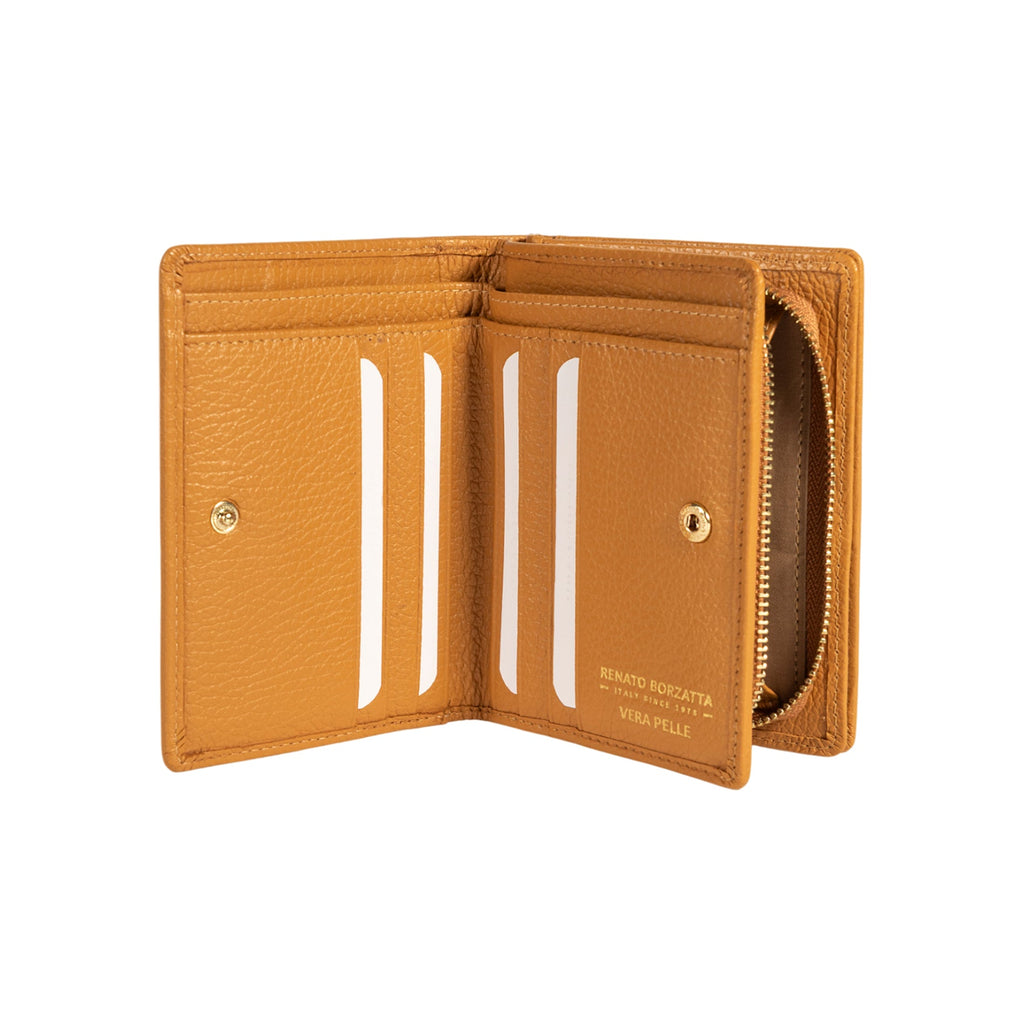 RB1080GCQ | Portafogli Donna Made in Italy in Vera Pelle grana Dollaro. Colore Cuoio. Dimensioni (da chiuso): cm 13 x 9 x 2,5-1