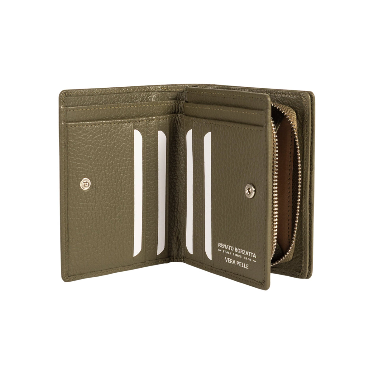 RB1080SAG | Women's Wallet Made in Italy in Genuine Dollar Grain Leather. Olive Green Color. Dimensions (closed): 13 x 9 x 2.5 cm-1