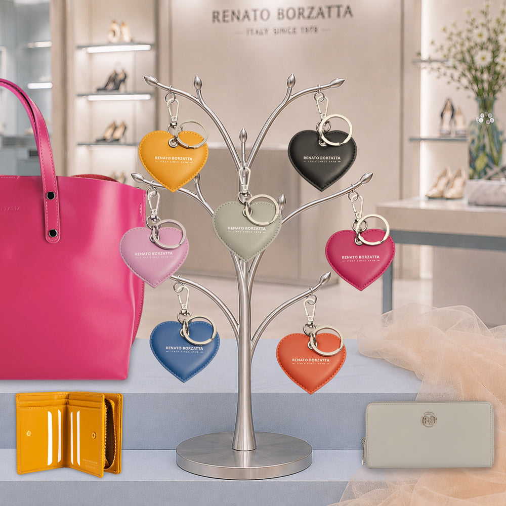 RB1082SF | Heart Charm Keychain Made in Italy in Smooth Matte Genuine Leather. Color: Gray-2