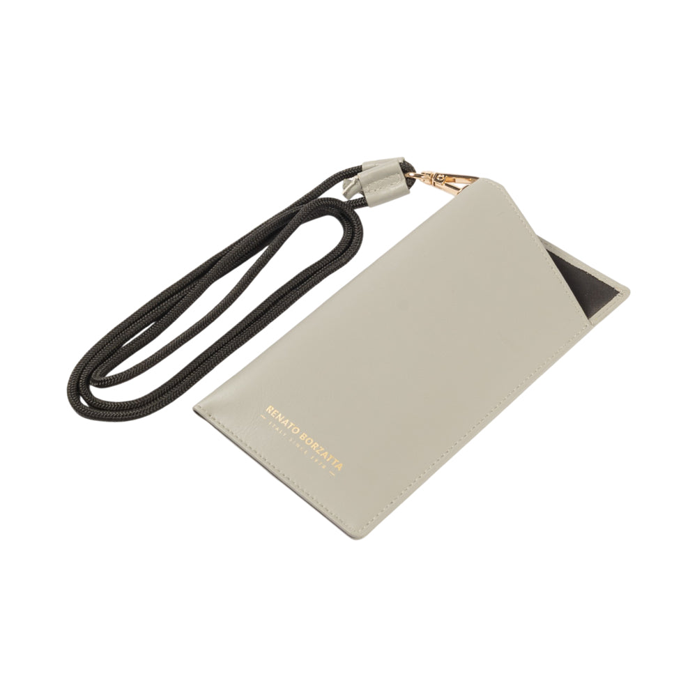 RB1087F | Glasses/Smartphone Case with Shoulder Strap Made in Italy in Genuine Smooth Matte Leather. Color: Gray-2