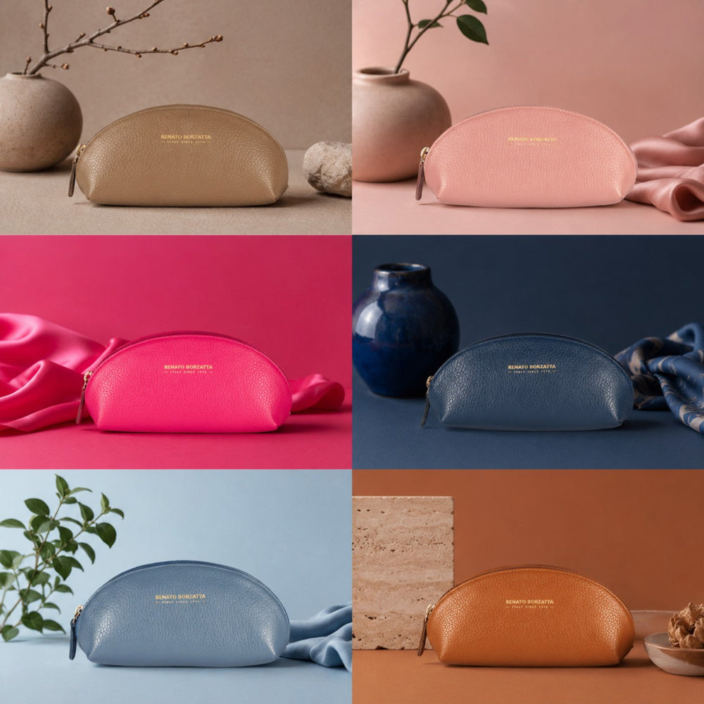 RB1088BE | Half-Moon Pencil Case/Clutch Bag Made in Italy in Genuine Dollar Grain Leather. Color: Fuchsia-3