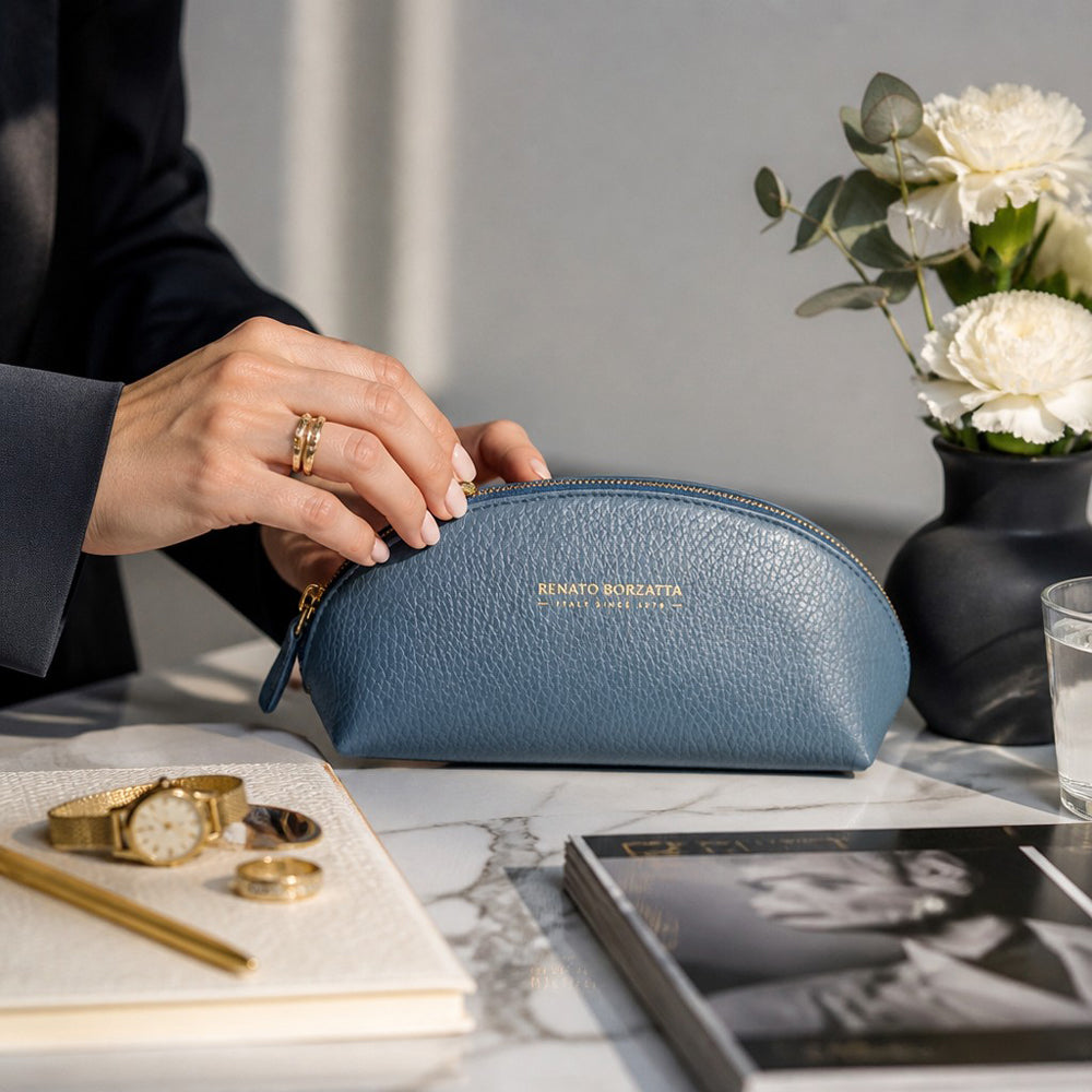 RB1088P | Half-Moon Pencil Case/Clutch Bag Made in Italy in Genuine Dollar Grain Leather. Color: Air Force Blue-2