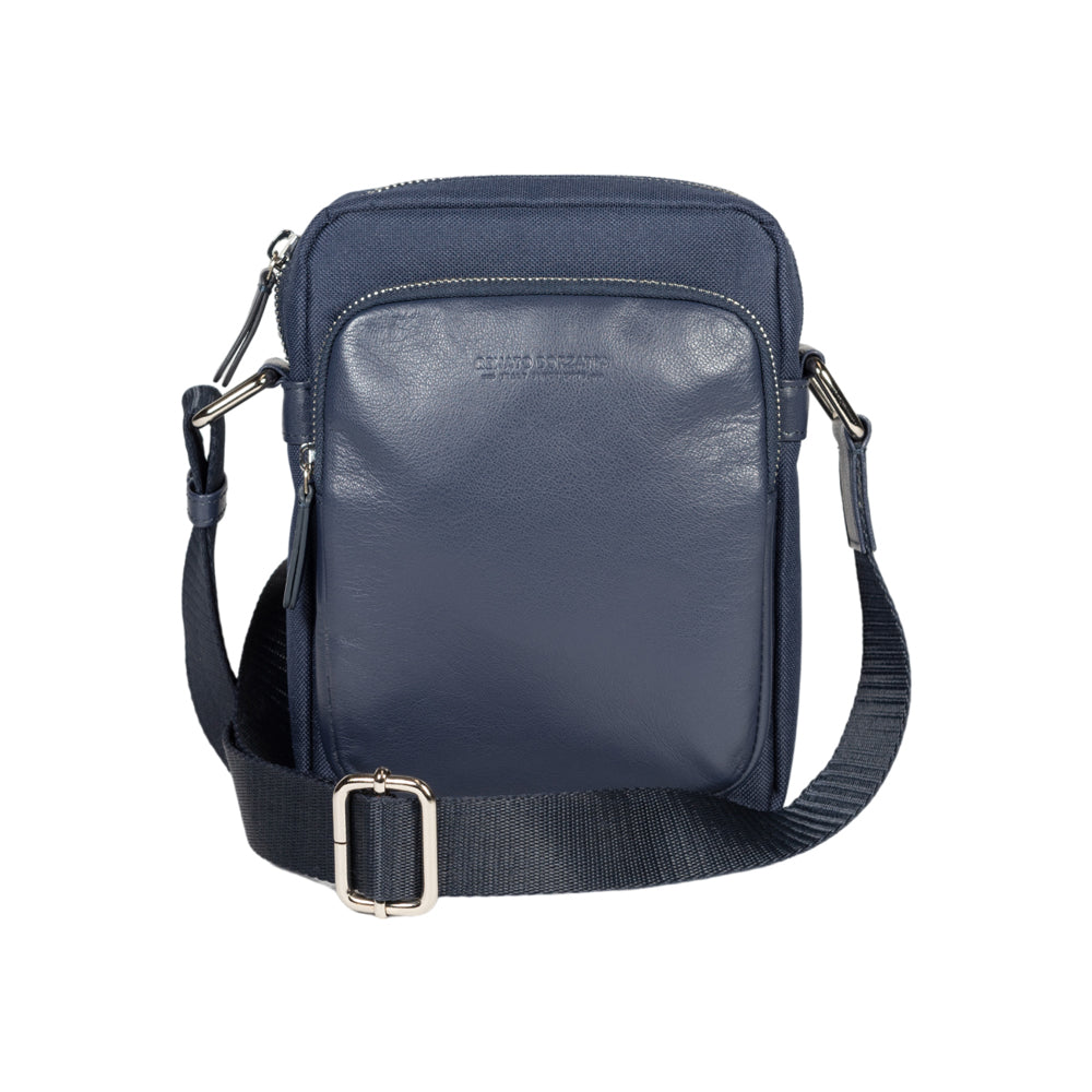 RB2002D | Nylon/Vera Leather Shoulder Bag, with light grain. Zipper closure and adjustable shoulder strap - Blue color - Size: 15.5 x 21 x 7 cm. Packaging: Non-Woven Fabric Bag-1