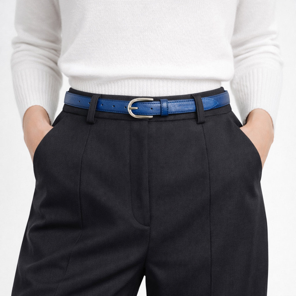 RB4016D | Women's Belt Made in Italy in Genuine Saffiano Leather. Polished Silver Buckle. Color: Blue. Dimensions: 115 x 2.5 x 0.5 cm (waistline 100 cm)-3