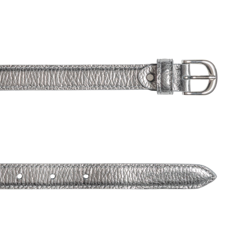 RB4021AY | Women's Belt Made in Italy in Genuine Dollar Grain Leather. Polished Silver Buckle. Gunmetal Color. Dimensions: 115 x 2.0 x 0.5 cm (waistline 100 cm)-2