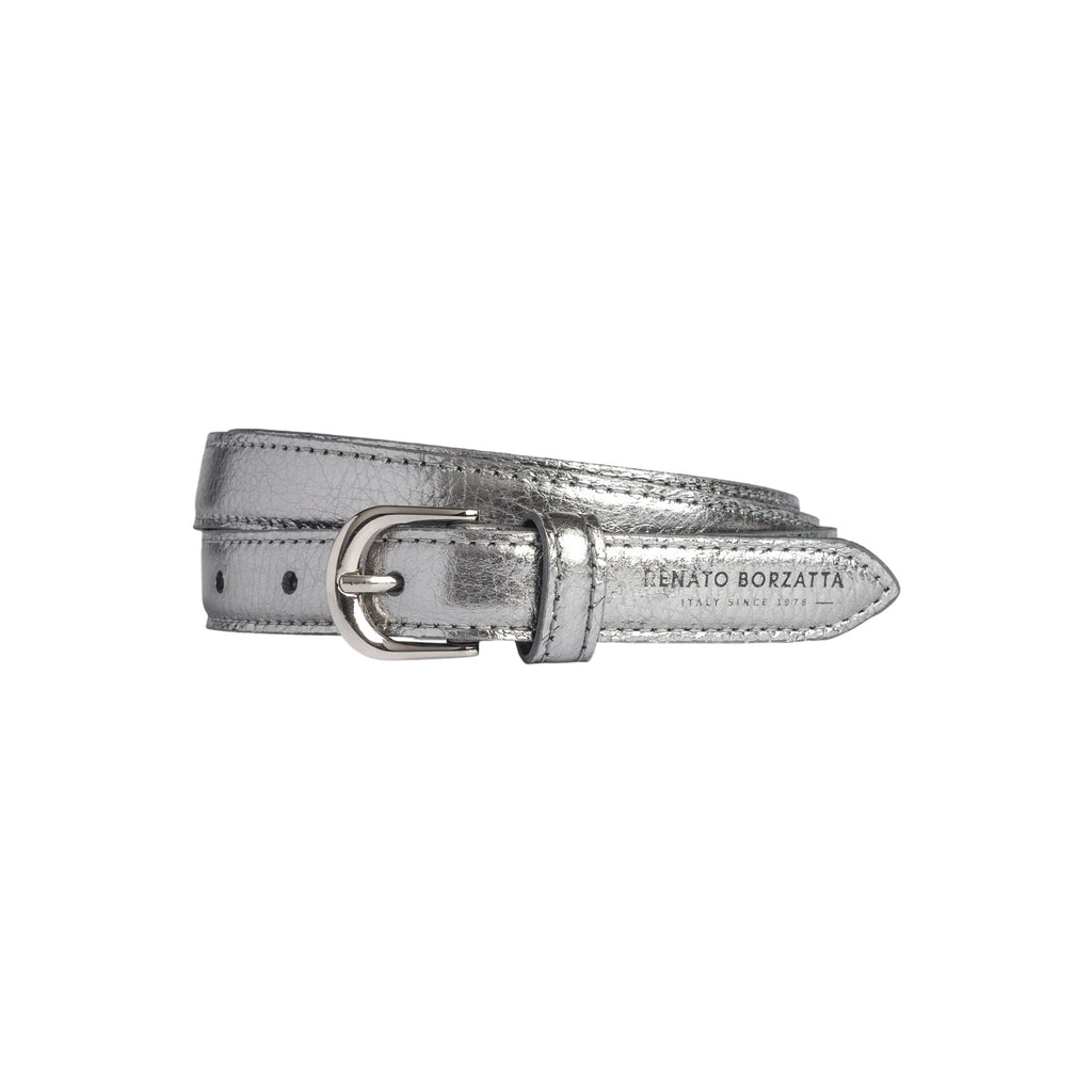 RB4021AY | Women's Belt Made in Italy in Genuine Dollar Grain Leather. Polished Silver Buckle. Gunmetal Color. Dimensions: 115 x 2.0 x 0.5 cm (waistline 100 cm)-0