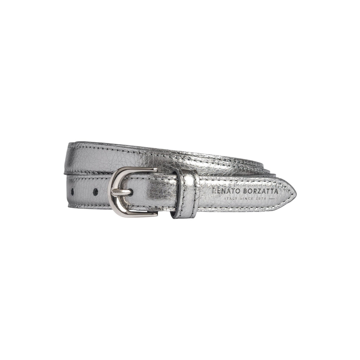 RB4021AY | Women's Belt Made in Italy in Genuine Dollar Grain Leather. Polished Silver Buckle. Gunmetal Color. Dimensions: 115 x 2.0 x 0.5 cm (waistline 100 cm)-0