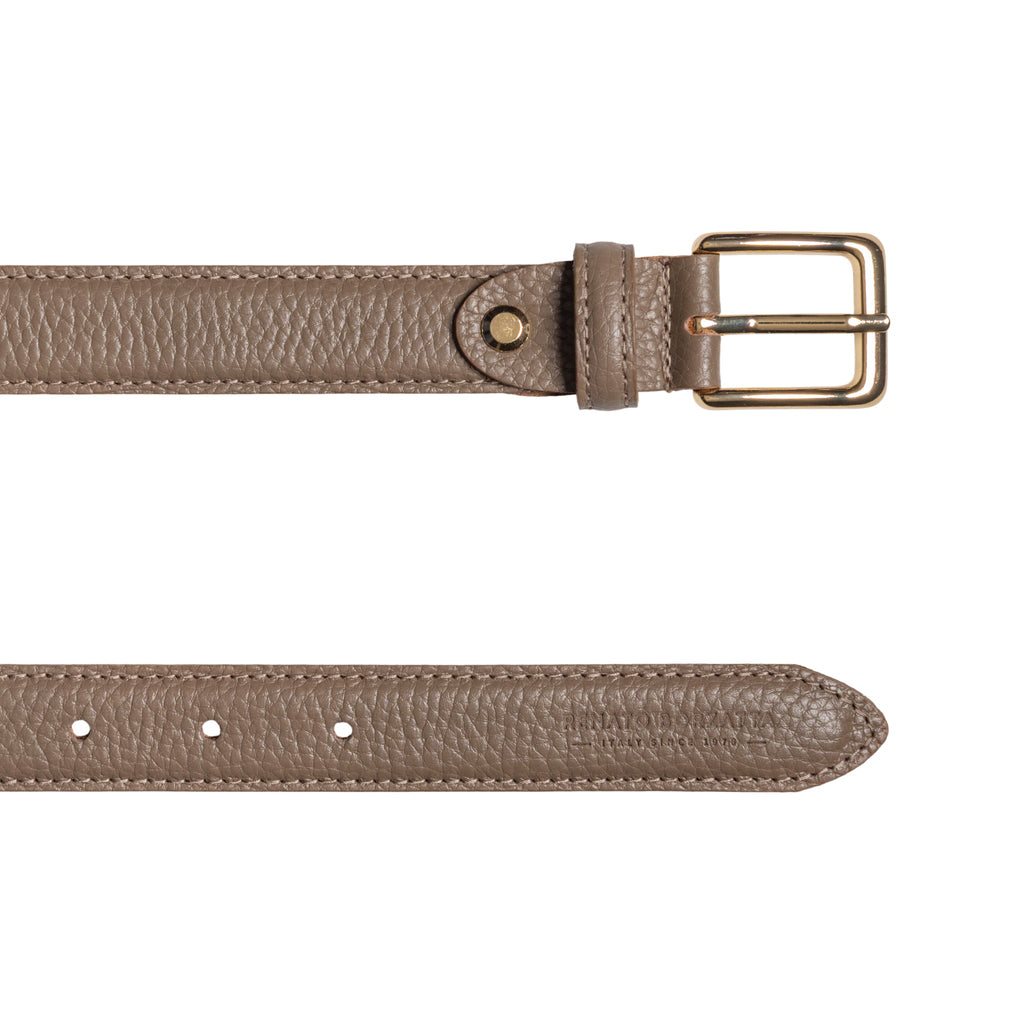 RB4022AQ | Women's Belt Made in Italy in Genuine Dollar Grain Leather. Polished Gold-Finish Buckle. Taupe Color. Dimensions: 115 x 2.5 x 0.5 cm (waistline 100 cm)-2