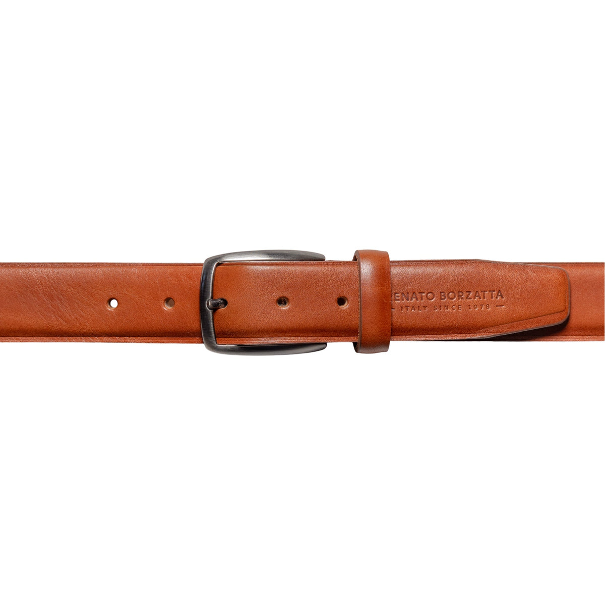 RB4025S | Men's Belt Made in Italy in Genuine Vegetable-Tanned Leather. Satin Gunmetal Buckle. Cognac Color. Dimensions: 125 x 3.5 x 0.5 cm (waistline 110 cm)-1