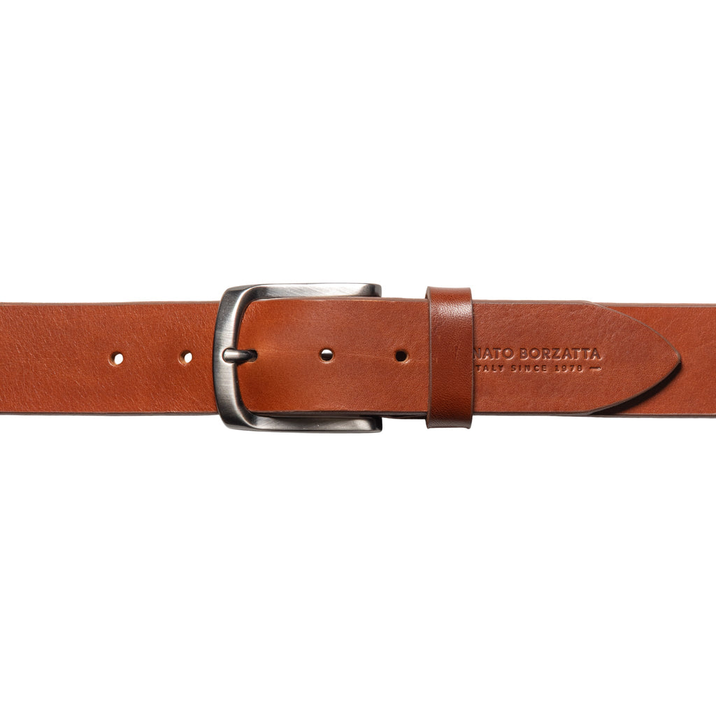RB4027S | Men's Belt Made in Italy in Genuine Vegetable-Tanned Leather. Satin Gunmetal Buckle. Cognac Color. Dimensions: 125 x 4.0 x 0.5 cm (waistline 110 cm)-1