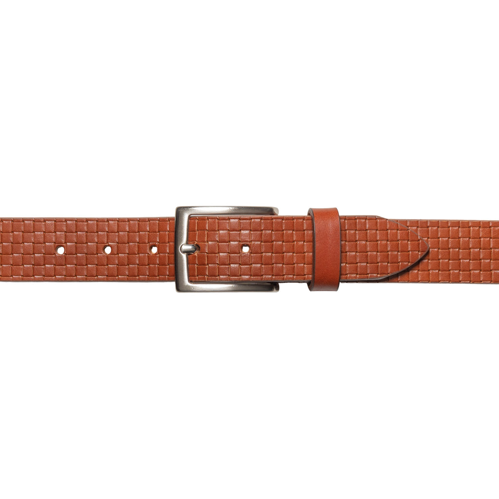 RB4028S | Men's Belt with Allover Print, Made in Italy in Genuine Vegetable-Tanned Leather. Satin Silver Buckle. Cognac Color. Dimensions: 125 x 3.5 x 0.5 cm (waistline 110 cm)-1