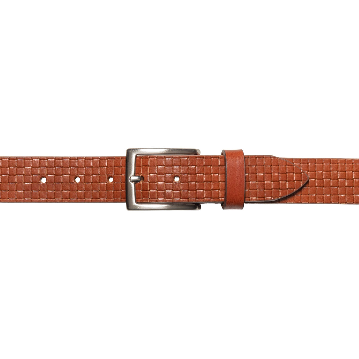 RB4028S | Men's Belt with Allover Print, Made in Italy in Genuine Vegetable-Tanned Leather. Satin Silver Buckle. Cognac Color. Dimensions: 125 x 3.5 x 0.5 cm (waistline 110 cm)-1