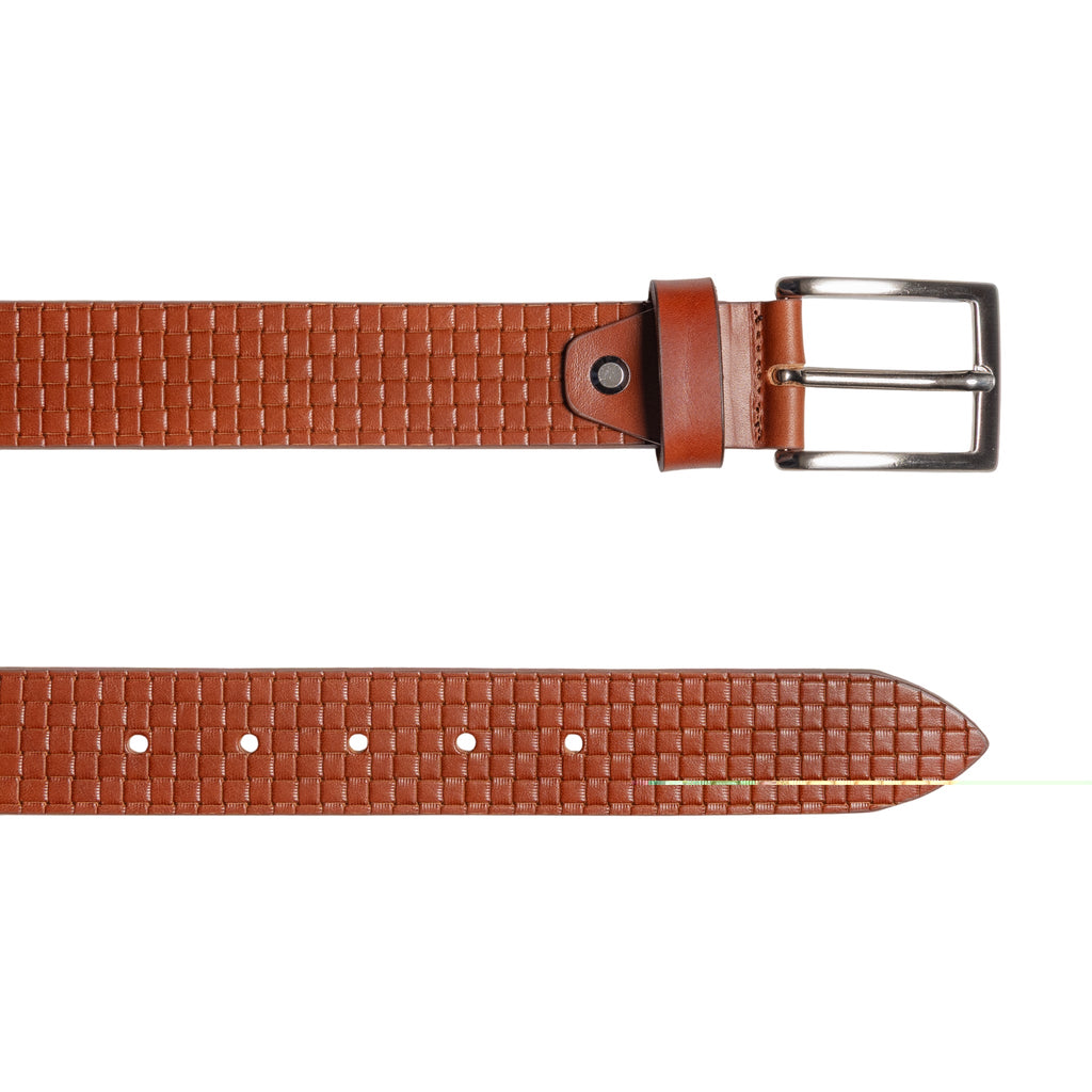 RB4028S | Men's Belt with Allover Print, Made in Italy in Genuine Vegetable-Tanned Leather. Satin Silver Buckle. Cognac Color. Dimensions: 125 x 3.5 x 0.5 cm (waistline 110 cm)-2